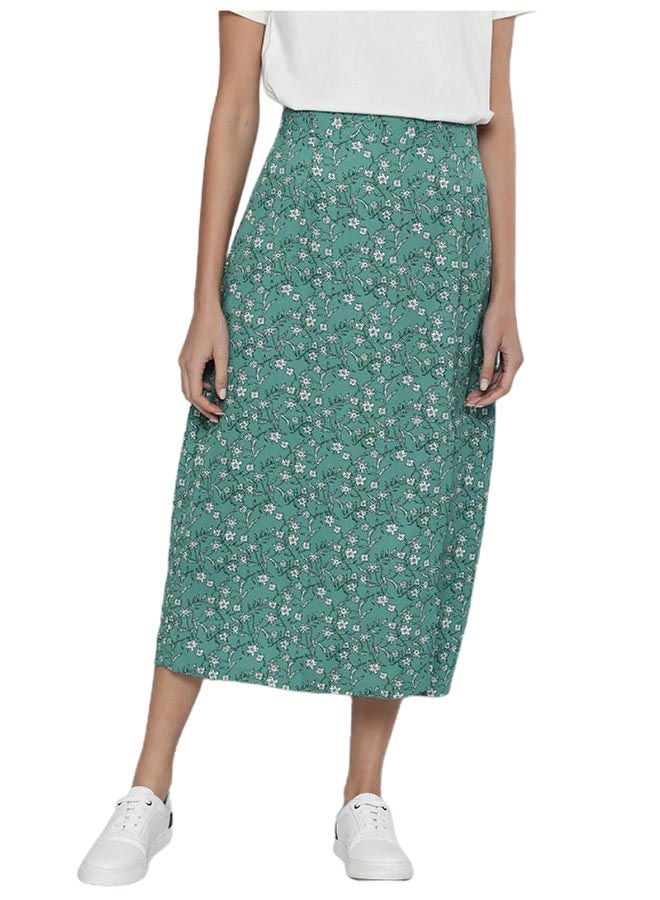 Mast & Harbour - Floral Printed Front Slit Detail A-Line Skirt Green - Image 1