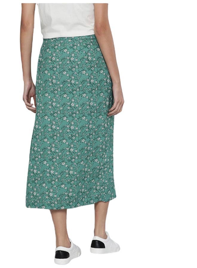 Mast & Harbour - Floral Printed Front Slit Detail A-Line Skirt Green - Image 1