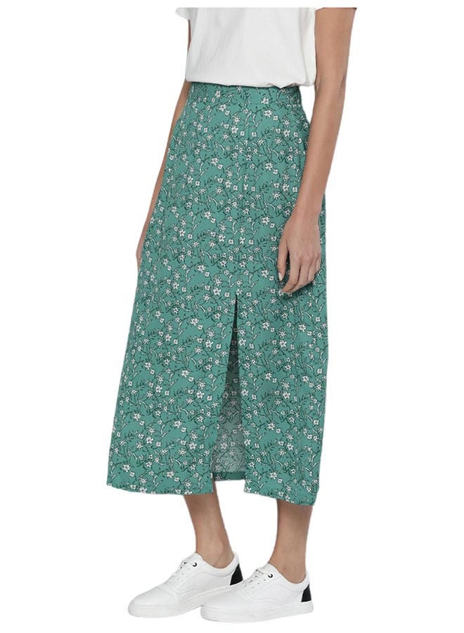 Mast & Harbour - Floral Printed Front Slit Detail A-Line Skirt Green - Image 1
