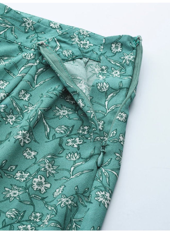 Mast & Harbour - Floral Printed Front Slit Detail A-Line Skirt Green - Image 1