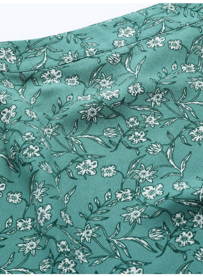 Mast & Harbour - Floral Printed Front Slit Detail A-Line Skirt Green - Image 1