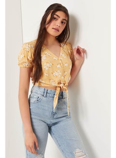 Tie Front Button Up Top Light Yellow