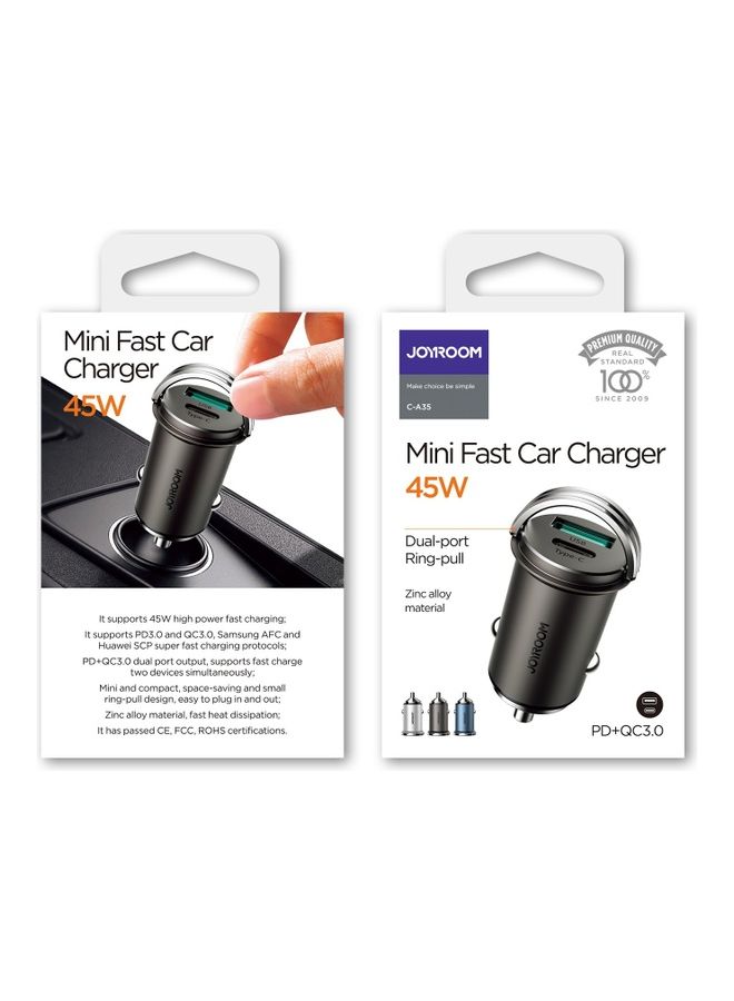 JOYROOM C-A35 45W Mini 2-Port Ring-Pull Fast Car Charger Black  - Image 2