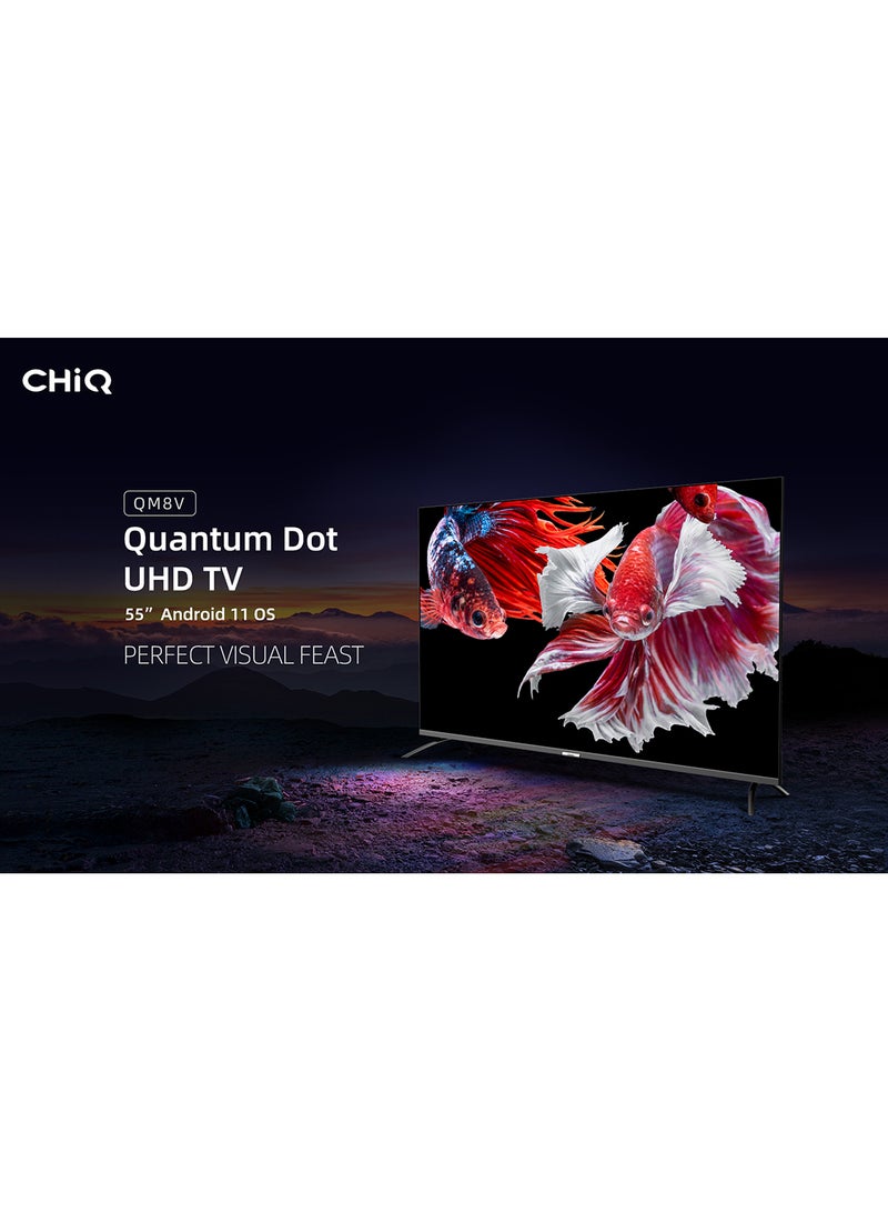 CHiQ - QLED Smart TV, HD, 55 Inch, Android 11.0, HDR10, A+ Screen, WiFi, Bluetooth 5.0, Netflix, YouTube, Prime Video, Full Screen Display, HDMI, USB U55QM8V Black - Image 1