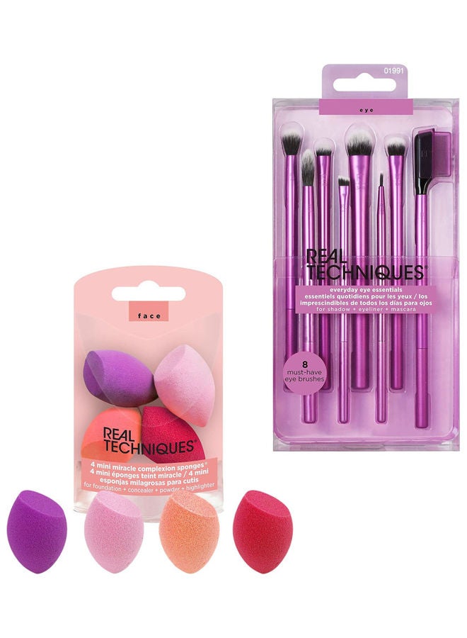 REAL TECHNIQUES Eyeshadow Brush Set, Makeup With Gel Eyeliner, Flat Eye, And Eyelash Brushes With 4 Mini Miracle Complexion Sponges Set of 1492, 1991 - Image 1