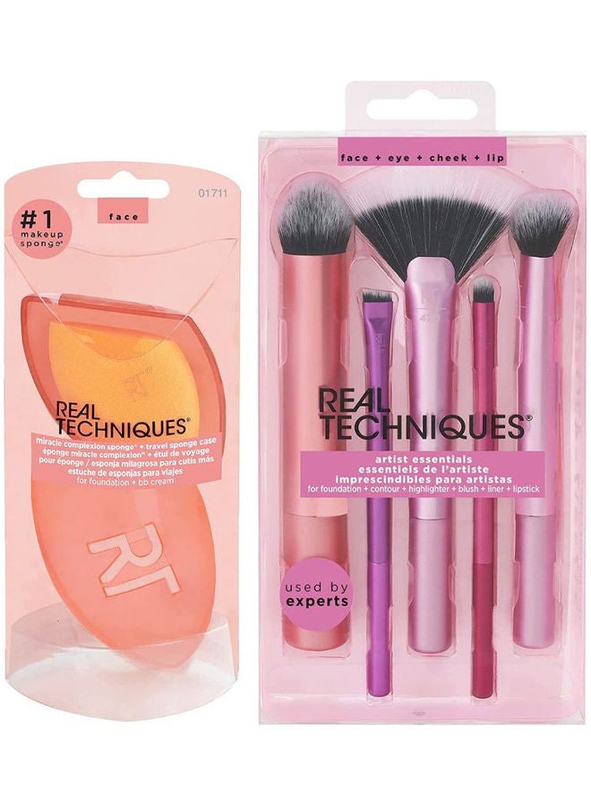 REAL TECHNIQUES Artist Essential Makeup Brush Set, Includes Eye Liner Brush And Foundation Brush With Miracle Complexion Beauty Sponge Makeup Blender With Case Set of 1711, 1895 - Image 1