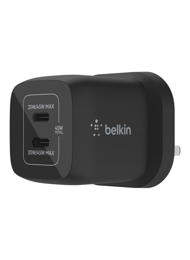 belkin Dual 45W Usb-C Pd Gan Fast Charger With Pps, Pd 45W Max Single Port, Black - Image 1