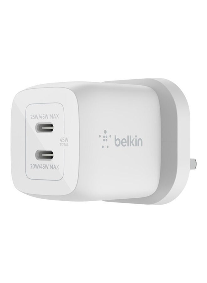 belkin Boost 65W Dual USB C Gan Wall Charger PVC 5A C 2M White - Image 1