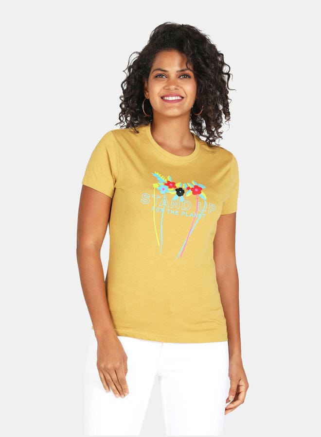 DRIP Floral Printed Round Neck Casual T-Shirt Curry  - Image 1