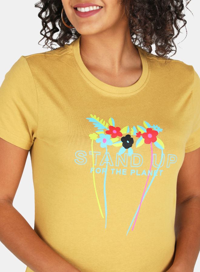 DRIP Floral Printed Round Neck Casual T-Shirt Curry  - Image 4