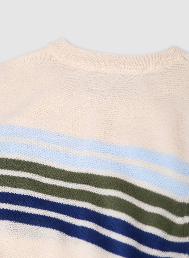 نيون  سترة بفتحة رقبة مستديرة ومزينة ينقشة مخططة أبيض/أزرق/أخضر - Image 4