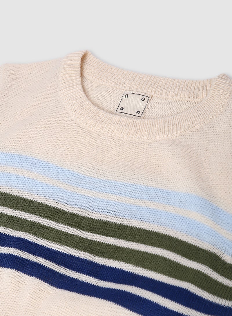 نيون  سترة بفتحة رقبة مستديرة ومزينة ينقشة مخططة أبيض/أزرق/أخضر - Image 3