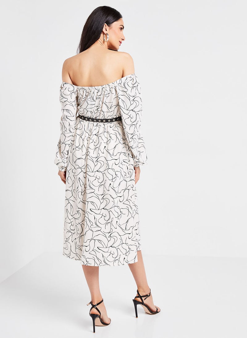 QUZU - Belt Detail Printed Midi Dress Ecru - Image 1