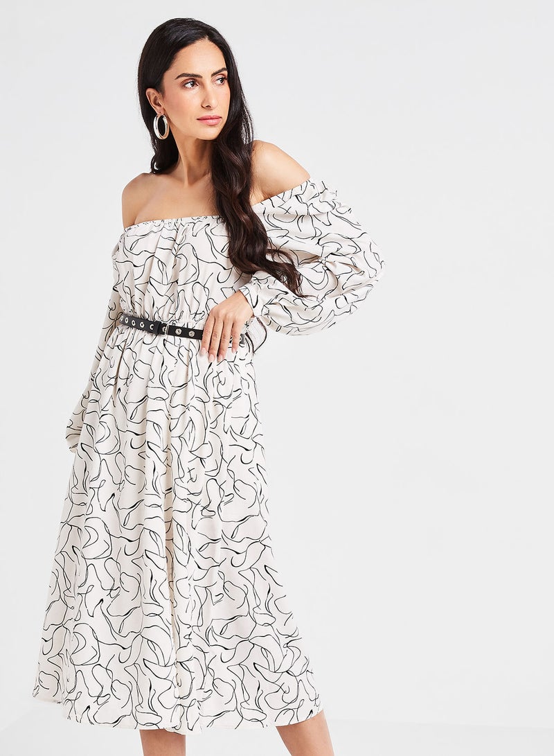 QUZU - Belt Detail Printed Midi Dress Ecru - Image 1