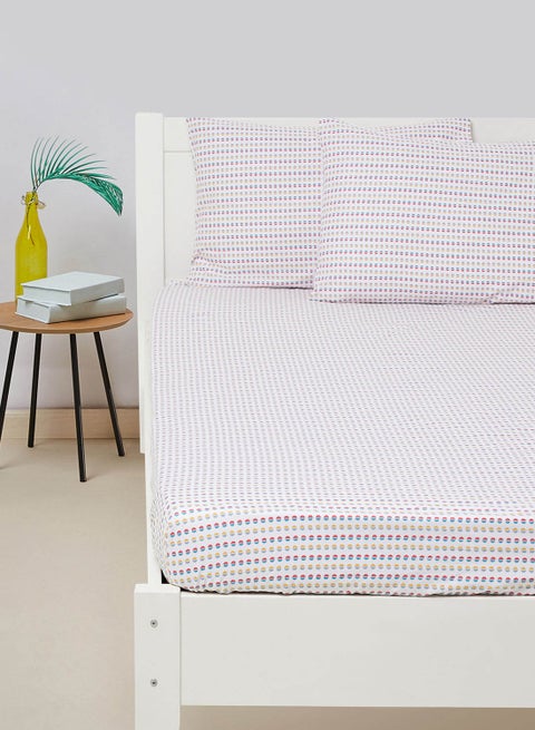 Fitted Bedsheet Set Super King Size High Quality 100% Cotton Percale 144 TC Light Weight Everyday Use 1 Bed Sheet And 2 Pillow Cases Printed White/Red Cotton White/Red