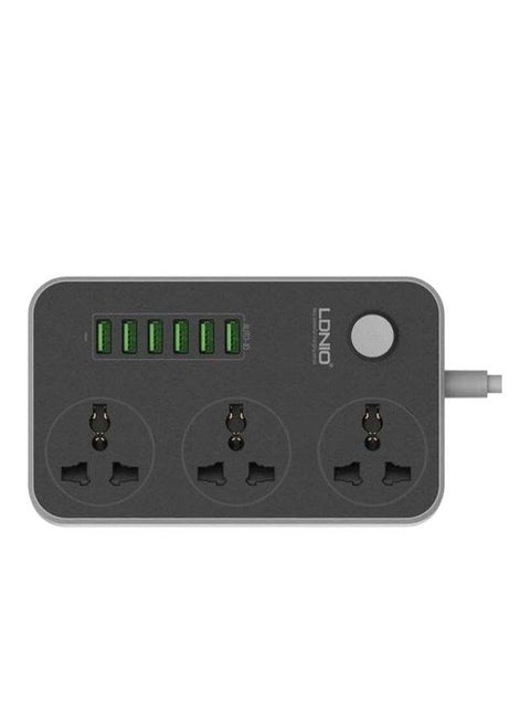 منصة شحن ب 6 منافذ USB مع 3 مقابس طاقة أسود