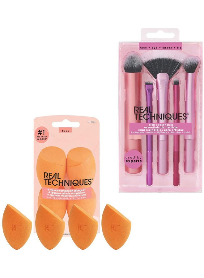 REAL TECHNIQUES - Artist Essential Makeup Brush Set,Includes Eye Liner And Foundation Brush,Set Of 5 With Miracle Complexion Sponge (Pack Of 4) Multicolour - Image 1