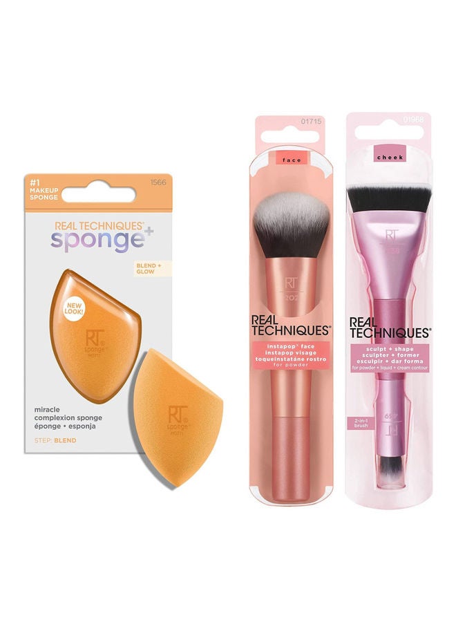 REAL TECHNIQUES - Sculpt & Shape Dual Ended 2-in-1 Makeup Brush and Instapop Face Brush 01715 with Miracle Complexion Sponge, Beauty Sponge For Makeup Blending Multicolour - Image 1