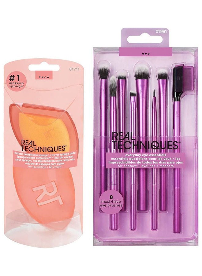 REAL TECHNIQUES Eyeshadow Brush Set, Makeup with Gel Eyeliner Flat Eye and Eyelash Brushes, Purple with Miracle Complexion Beauty Sponge Makeup Blender with Case Multicolour - Image 1