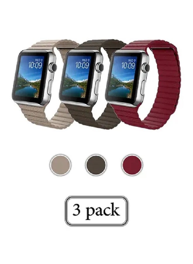 MARGOUN 3-Piece Leather Replacement Band Set For Apple Watch 42/44/45mm Red / Brown / Gold - Image 1