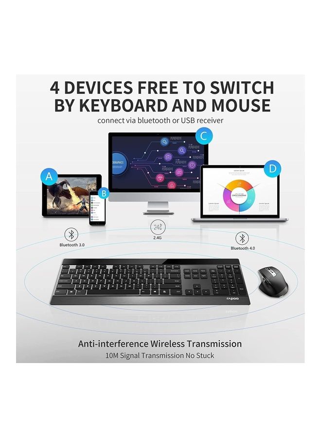 Rapoo - 9900M Multi Mode Wireless Keyboard and Mouse Rechargeable Combo (Bluetooth 3.0/4.0/2.4G), Connect Up to 4 Devices Black - Image 1