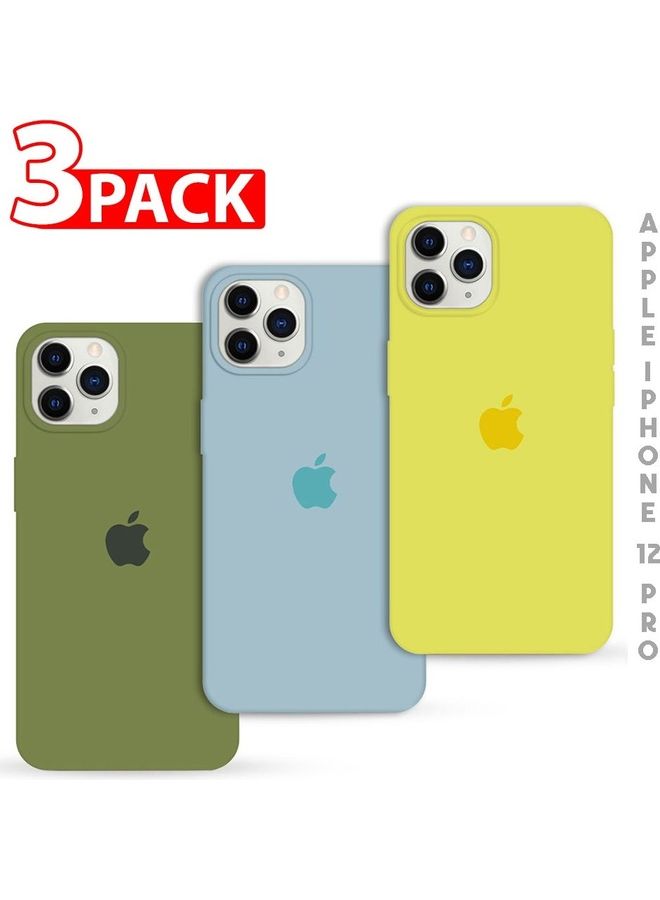 MARGOUN - 3Pack for iPhone 12 Pro and iPhone 12 Silicone Case Soft Slim Liquid Gel Silicone Shockproof Phone Cover Microfiber Lining Full Body Protection 6.1 inch Yellow/Slate Blue/Olive Green - Image 1