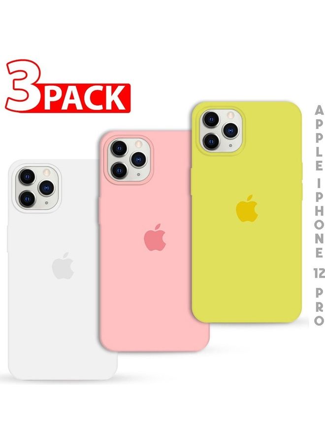 MARGOUN - 3Pack for iPhone 12 Pro and iPhone 12 Silicone Case Soft Slim Liquid Gel Silicone Shockproof Phone Cover Microfiber Lining Full Body Protection 6.1 inch Yellow/Light Pink/White - Image 1