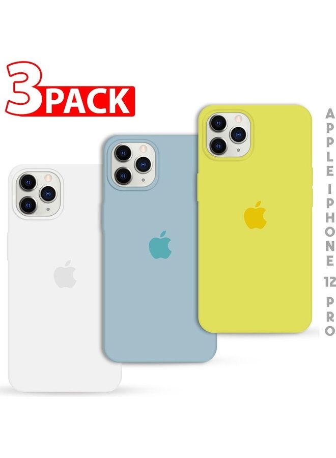 MARGOUN - 3Pack for iPhone 12 Pro and iPhone 12 Silicone Case Soft Slim Liquid Gel Silicone Shockproof Phone Cover Microfiber Lining Full Body Protection 6.1 inch Yellow/Slate Blue/White - Image 1