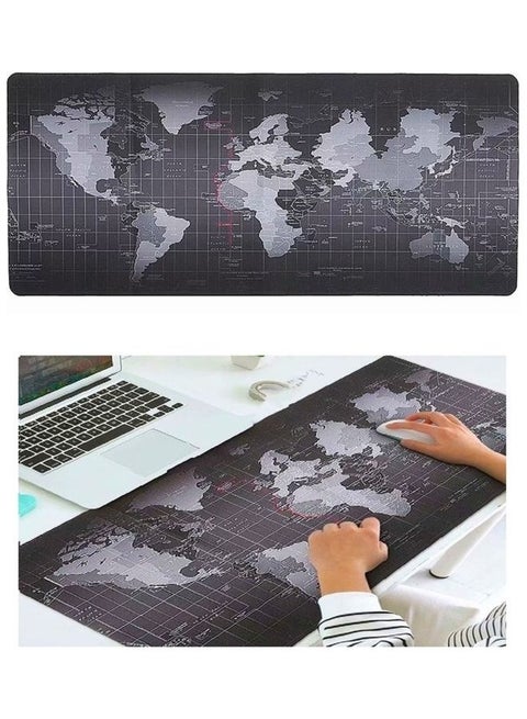 لوحة ماوس كبيرة للألعاب بتصميم خريطة العالم من المطاط المانع للانزلاق وضد الماء، توضع على سطح المكتب وتصلح للوحة مفاتيح الكمبيوتر واللابتوب بمقاس 70×30 سم رمادي/أسود