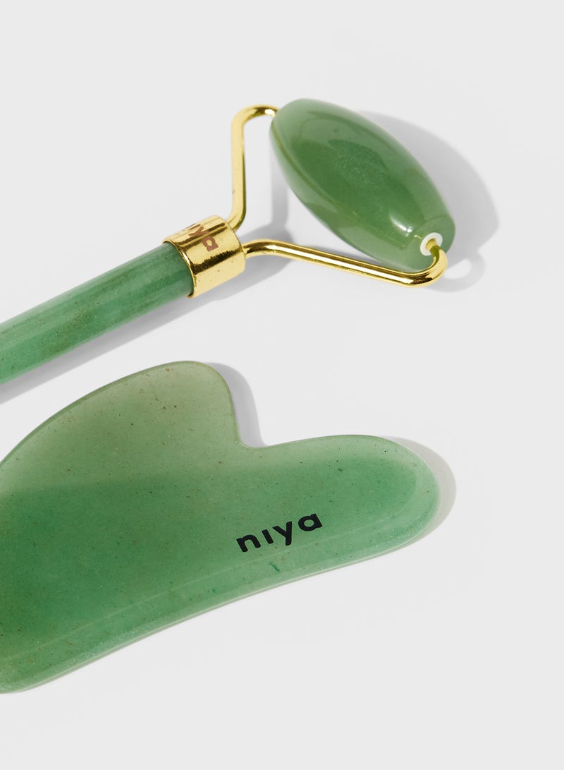 Niya - Face Massage Rollers And Gua Sha Stone Set Jade - For Clear And Smooth Skin Green 160grams - Image 1