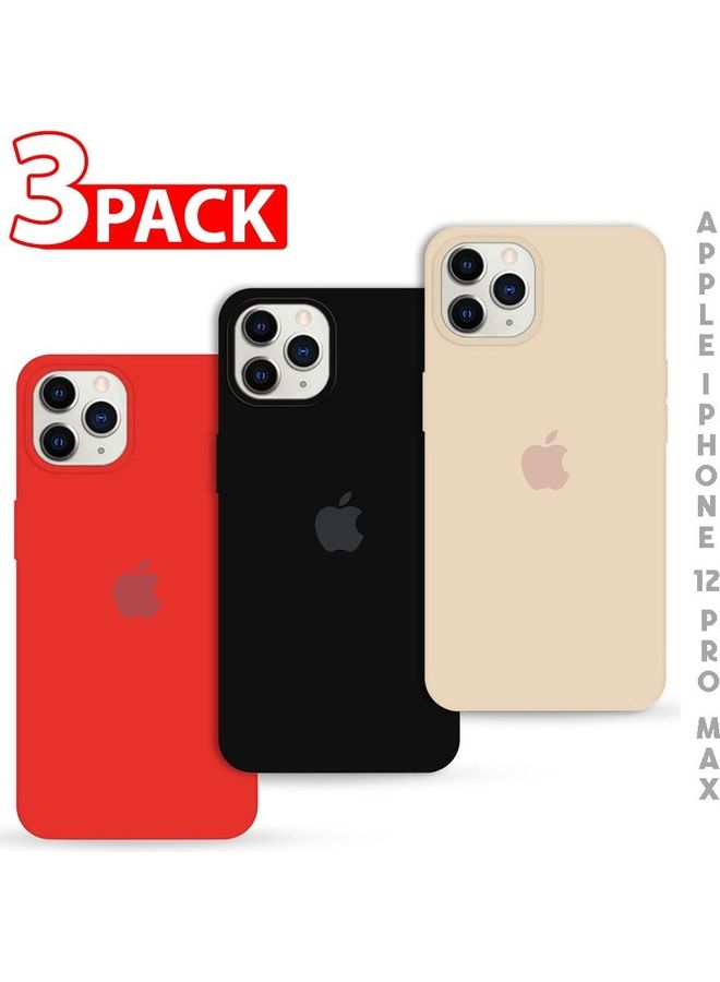 MARGOUN - 3 Pack Silicone Case Soft Slim Liquid Gel Silicone Shockproof Phone Cover Microfiber Lining Full Body Protection For Apple iPhone 12 Pro Max 6.7 inch Pink Sand/Black/Red - Image 1