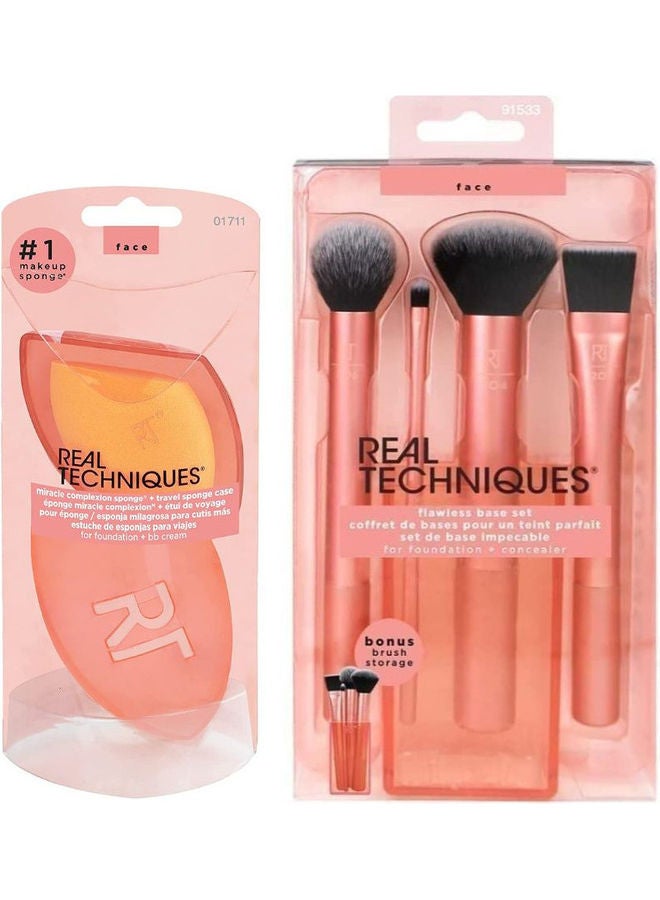 REAL TECHNIQUES Flawless Base Brush Set With Ultra Plush Custom Cut Synthetic Bristles and Extended Aluminum Ferrules with Miracle Complexion Beauty Sponge Makeup Blender with Case Multicolour - Image 1