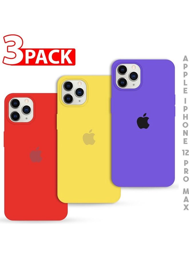 MARGOUN - 3 Pack Silicone Case Soft Slim Liquid Gel Silicone Shockproof Phone Cover Microfiber Lining Full Body Protection For Apple iPhone 12 Pro Max 6.5 Inch Purple/Yellow/Red - Image 1