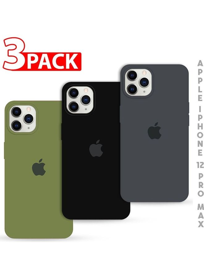 MARGOUN - 3 Pack Silicone Case Soft Slim Liquid Gel Silicone Shockproof Phone Cover Microfiber Lining Full Body Protection For Apple iPhone 12 Pro Max 6.5 Inch Dark Grey/Black/Olive Green - Image 1