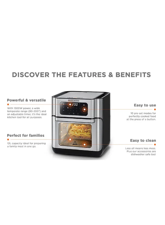 BLACK+DECKER Air Fryer Oven, Rapid Air Convection Technology, Digital Temperature Control, 90-Minute Timer, 10 Pre-Set Modes, Family-Sized Capacity, Oil-Free Cooking, 12 L 1500 W AOF100-B5 Silver