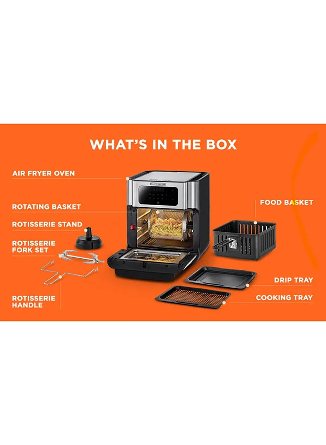 BLACK+DECKER Air Fryer Oven, Rapid Air Convection Technology, Digital Temperature Control, 90-Minute Timer, 10 Pre-Set Modes, Family-Sized Capacity, Oil-Free Cooking, 12 L 1500 W AOF100-B5 Silver