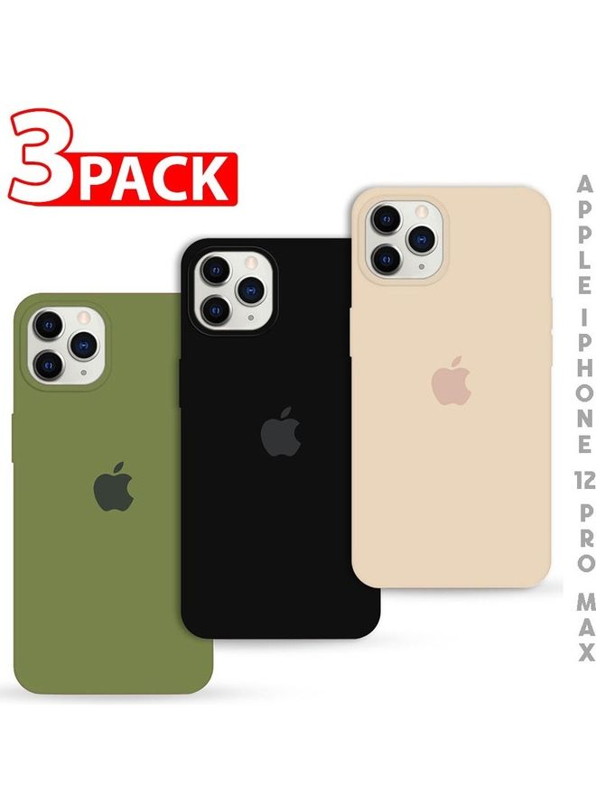 MARGOUN - 3 Pack Silicone Case Soft Slim Liquid Gel Silicone Shockproof Phone Cover Microfiber Lining Full Body Protection For Apple iPhone 12 Pro Max 6.5 Inch Pink Sand/Black/Olive Green - Image 1