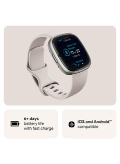 Fitbit Sense 2, Health and Fitness Smartwatch with built-in GPS, advanced health features, up to 6 days battery life - compatible with Android and iOS Lunar White / Platinum Aluminium  - Image 2
