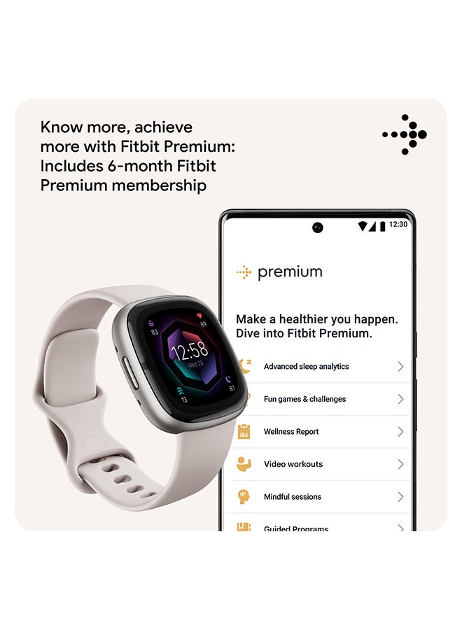 Fitbit - Sense 2, Health and Fitness Smartwatch with built-in GPS, advanced health features, up to 6 days battery life - compatible with Android and iOS Lunar White / Platinum Aluminium - Image 1