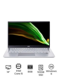 Swift 3 SF314-511-57T8 Laptop With 14-Inch FHD IPS Display, Core i5 Processor/8GB RAM/512GB SSD/Windows 11/Intel Iris Xe Graphics Card English/Arabic Silver