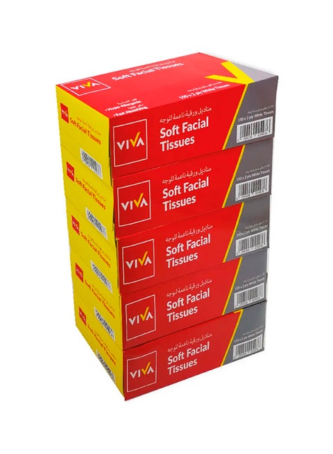 Facial Tissues, 2 Ply, 150 Piece, Pack Of 5