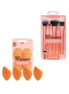 REAL TECHNIQUES Flawless Base Brush Set With Ultra Plush Custom Cut Synthetic Bristles and Extended Aluminum Ferrules with Miracle Complexion Sponge (Pack Of 4), Orange Multicolour  - Image 1