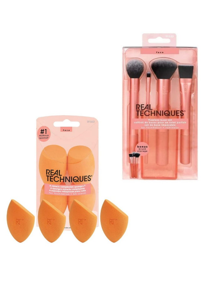 REAL TECHNIQUES Flawless Base Brush Set With Ultra Plush Custom Cut Synthetic Bristles and Extended Aluminum Ferrules with Miracle Complexion Sponge (Pack Of 4), Orange Multicolour - Image 1