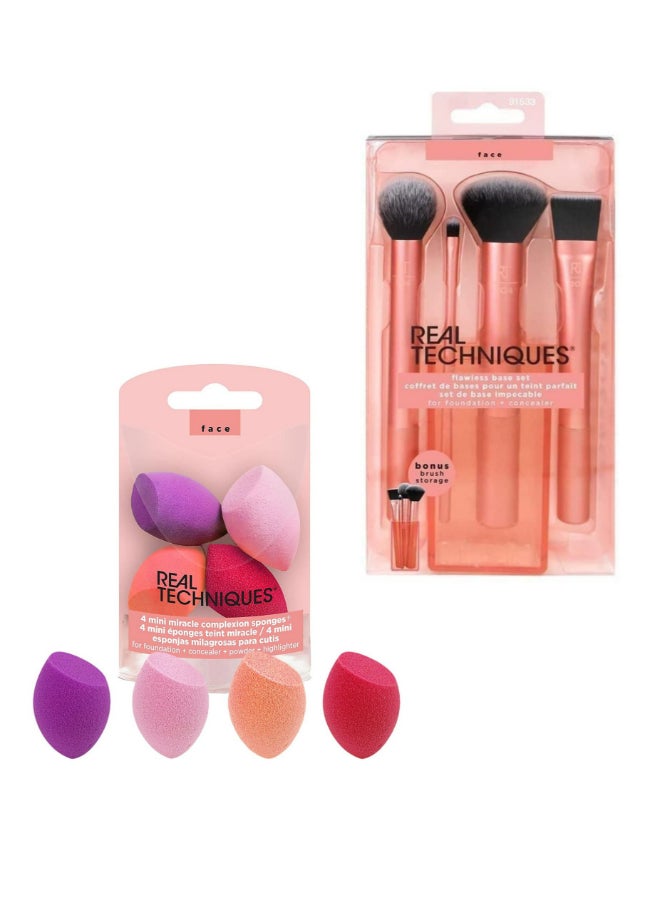REAL TECHNIQUES - Flawless Base Brush Set With Ultra Plush Custom Cut Synthetic Bristles and Extended Aluminum Ferrules with 4 Mini Miracle Complexion Sponges Multicolour - Image 1