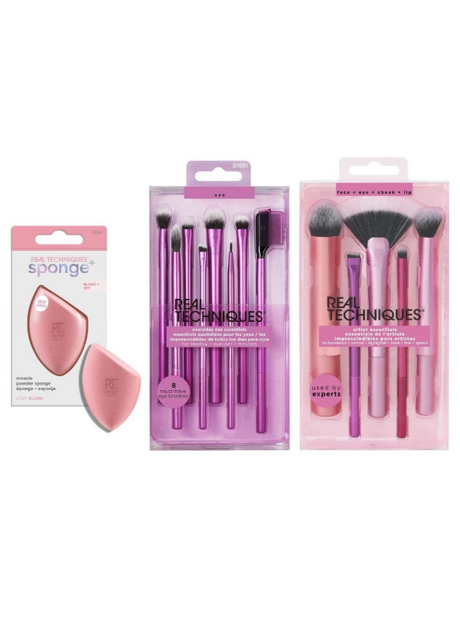 REAL TECHNIQUES Artist Essential Makeup Brush Set, Includes Eye Liner Brush and Foundation Brush and Eyeshadow Brush Set with Miracle Powder Sponge, For Setting Powder Multicolour - Image 1