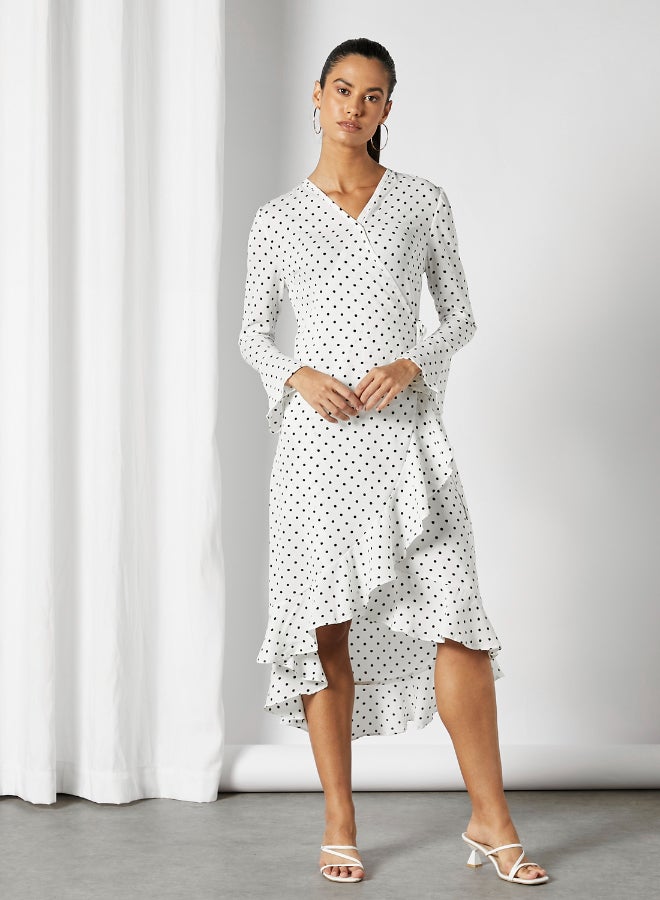 DRIP - Polka Dot Printed Ruffle Detail Midi Dress White/Black - Image 1