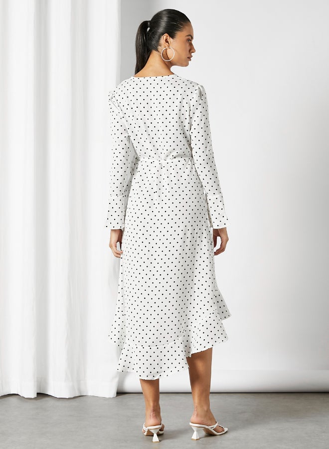DRIP - Polka Dot Printed Ruffle Detail Midi Dress White/Black - Image 1