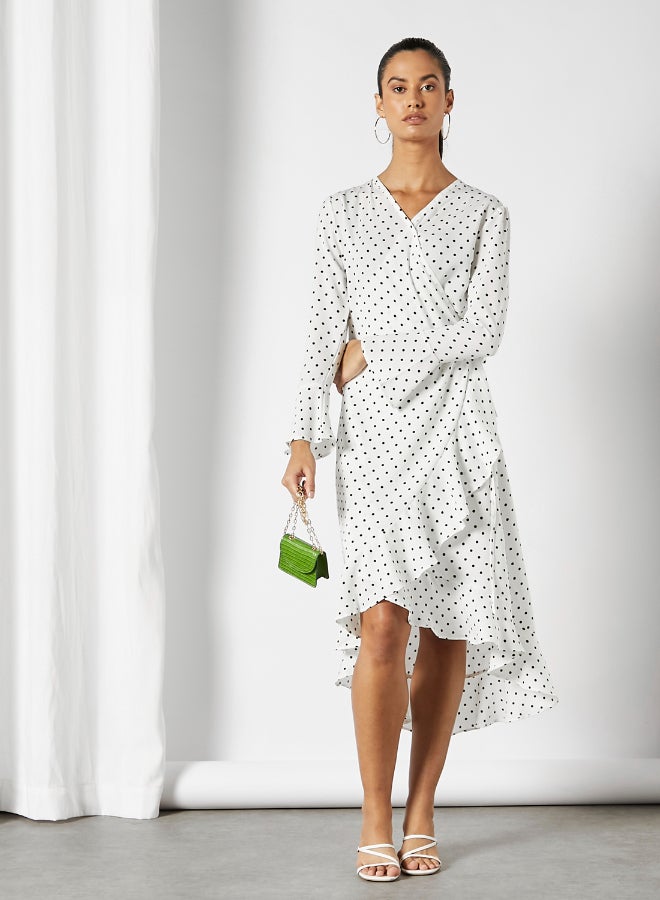 DRIP - Polka Dot Printed Ruffle Detail Midi Dress White/Black - Image 1