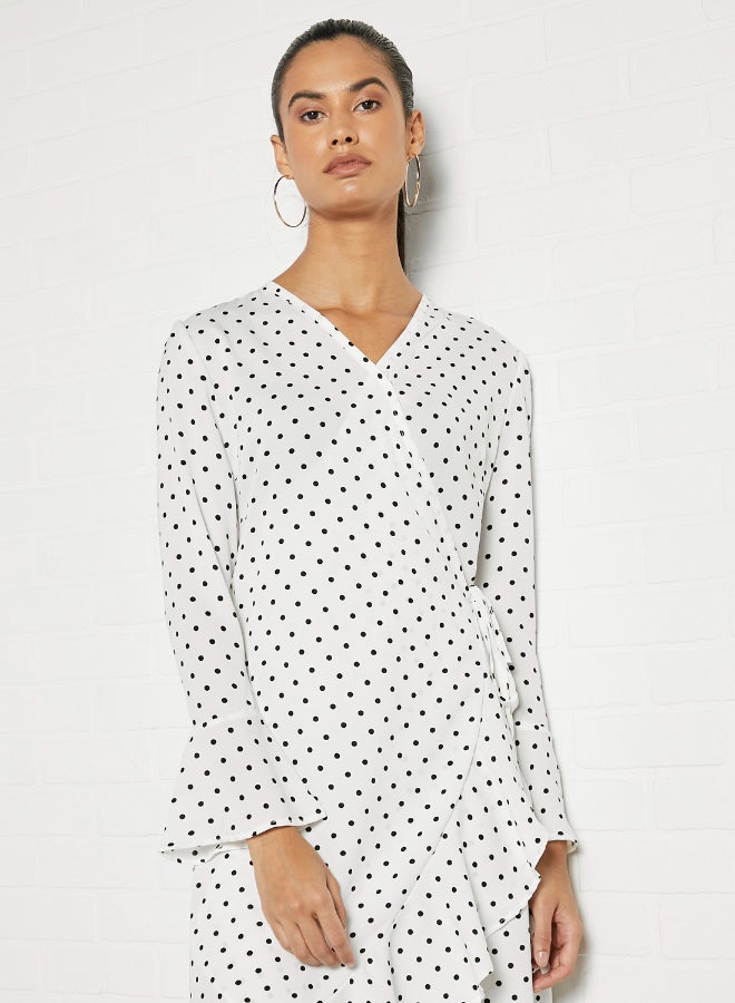 DRIP - Polka Dot Printed Ruffle Detail Midi Dress White/Black - Image 1