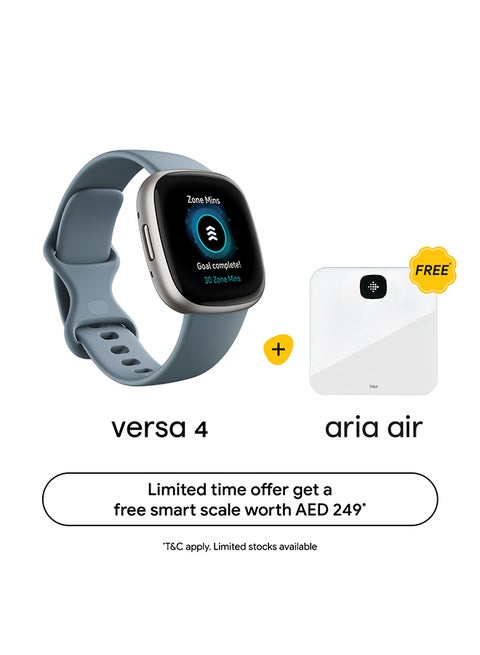 Versa 4, Health & Fitness Smartwatch with Built-in GPS and Up To 6+ Days Battery Life, 6-months Premium Membership Included, compatible with Android and iOS Waterfall Blue/Platinum + Free Aria Air Scale White